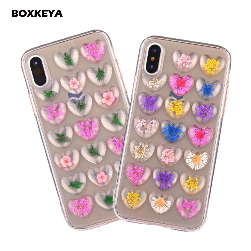Модные 3D сердце любовь настоящие сухие цветы чехол для iPhone Xs Max Xr 8 7 6 Plus Прозрачный
