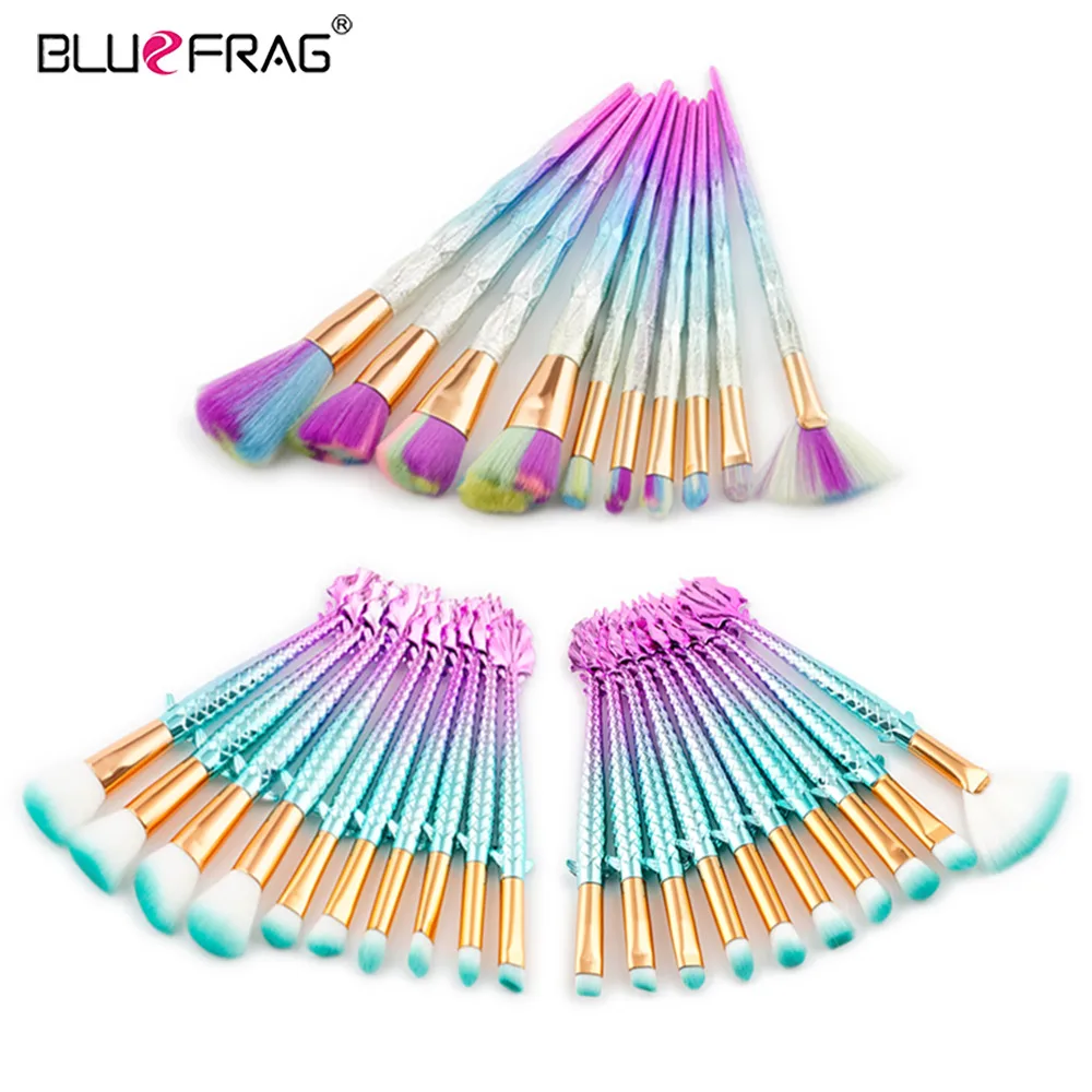 BLUEFRAG Mermaid Makeup Brushes 10pcs Professional Kit Contour Brush Eyeshadow Blending Brand Foundation Set | Красота и здоровье