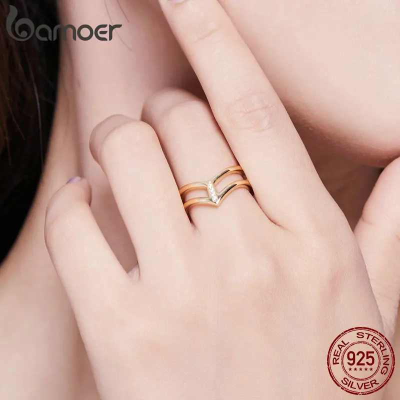 bamoer V shape Double Layer Finger Ring for Women 925 Sterling Silver Gold Color Fashion Korean Style Jewelry BSR040