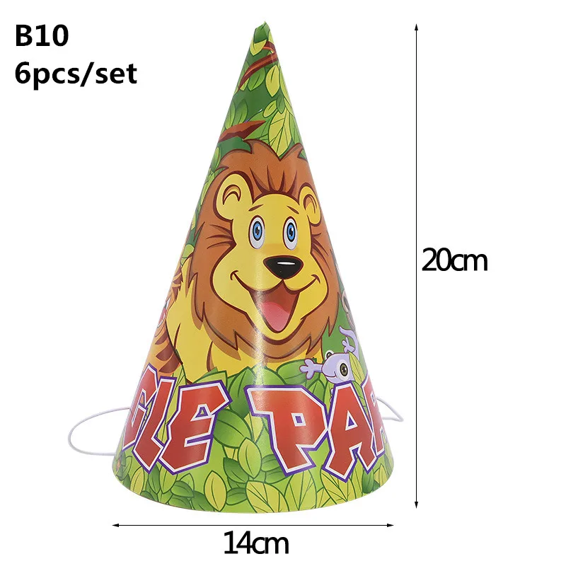 B10-6pcs party hats Джунгли вечерние сафари милые животные Дети мальчик ребенок душ тема вечерние Декор чашки тарелка соломы с днем рождения одноразовые столовые приборы набор - Цвет: B10-6pcs party hats