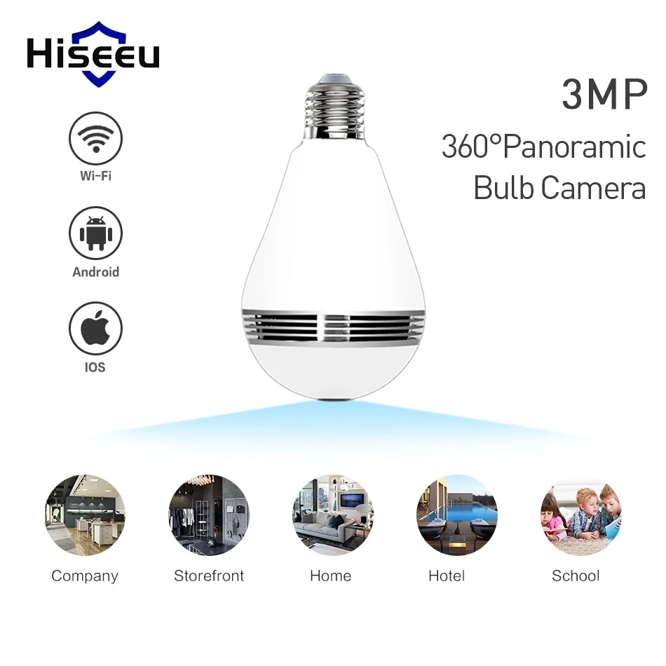 Камера видеонаблюдения Hiseeu HD 3 Мп Беспроводная с лампочкой и углом обзора 360