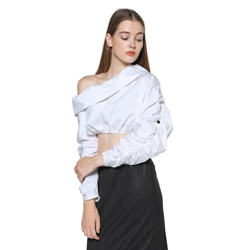 Женская укороченная блузка GETSPRING белая хлопковая рубашка с длинным рукавом и