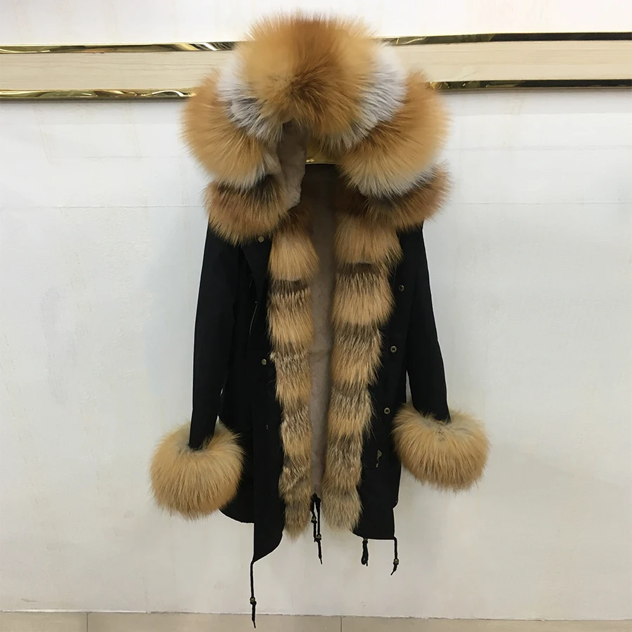 

Winter Parkas Fashion 2019 New Natural Red Fox Fur Collar Rabbit Fur Lining Liner Outwear Detachable Loose Version