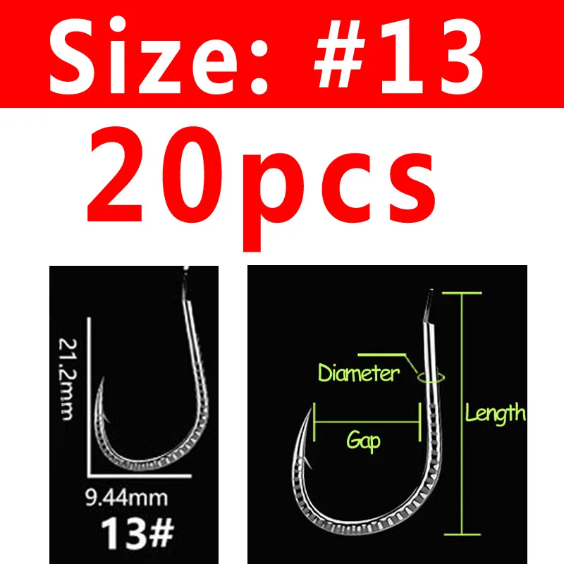 Size 13 Bimoo 20 шт./пакет Экстра сильный хвостовик кованый крючок для ловли карпа высокоуглеродистой стали снаряжение рыболовное крючки - Цвет: Size 13