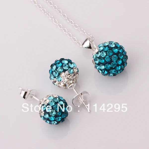 New Shamballa Jewelry Set Unique Gradient CZ Disco Pave Crystal Ball Pendant Necklace+Stud Earrings+925 Silver Chains | Украшения и