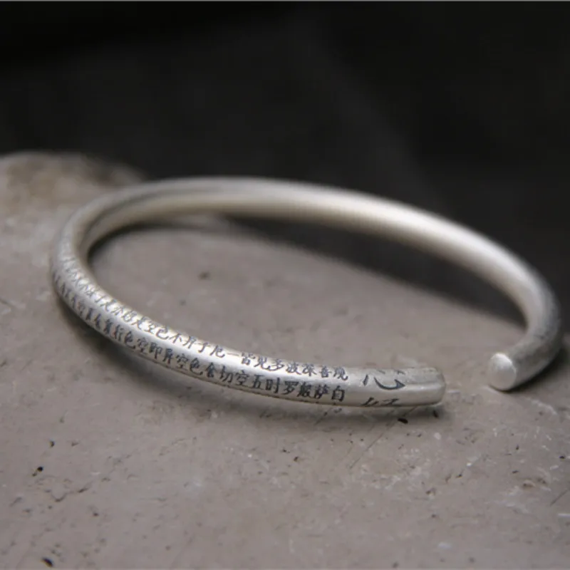 Handmade 999 Sterling Silver Carved THE HEART OF PRAJNA PARAMITA SUTRA Bangles For Men Women om mani padme hum Bangle Jewelry | Украшения и