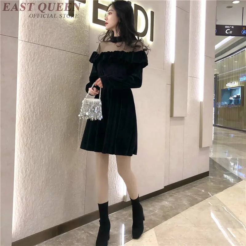 

Sexy women's dress in winter and autumn black full sleeve knee-length dresses A-line hollow out o-neck female clothes AA3310 F