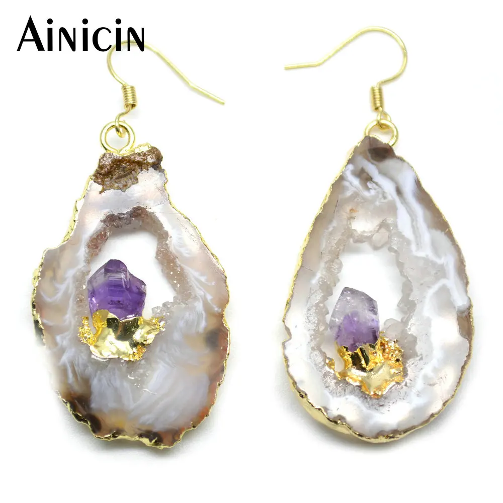 1 пара Рок Кристалл инкрустация Drusy Geode камень цвета золота крюк серьги для модных женщин ювелирные изделия Лучший подарок на день рождения