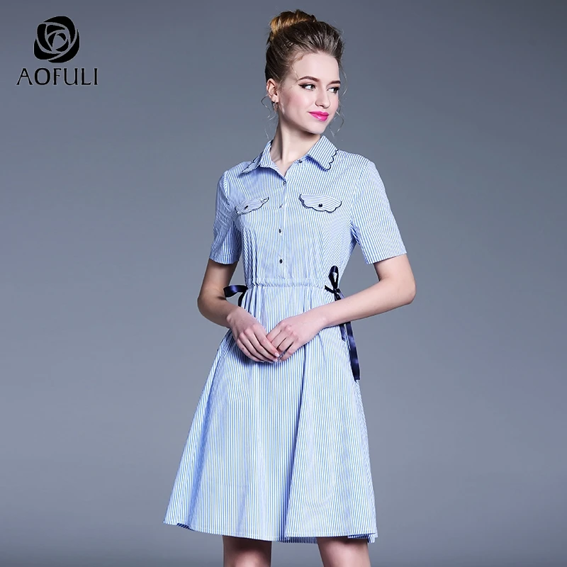 AOFULI L ~ 4XL 5XL в полоску с принтом женское Хлопковое платье бренд плюс размер Лето Turn