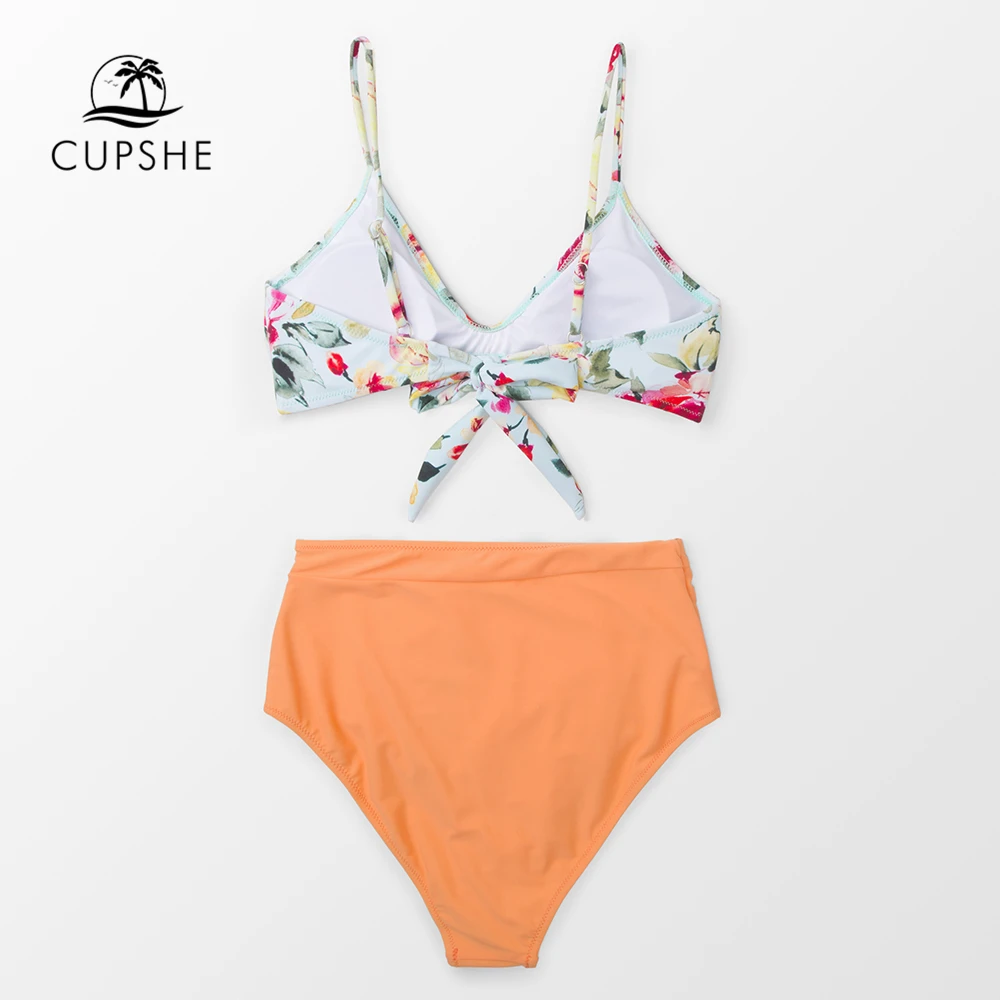 Женский купальник бикини CUPSHE с высокой талией и цветочным принтом оранжевого