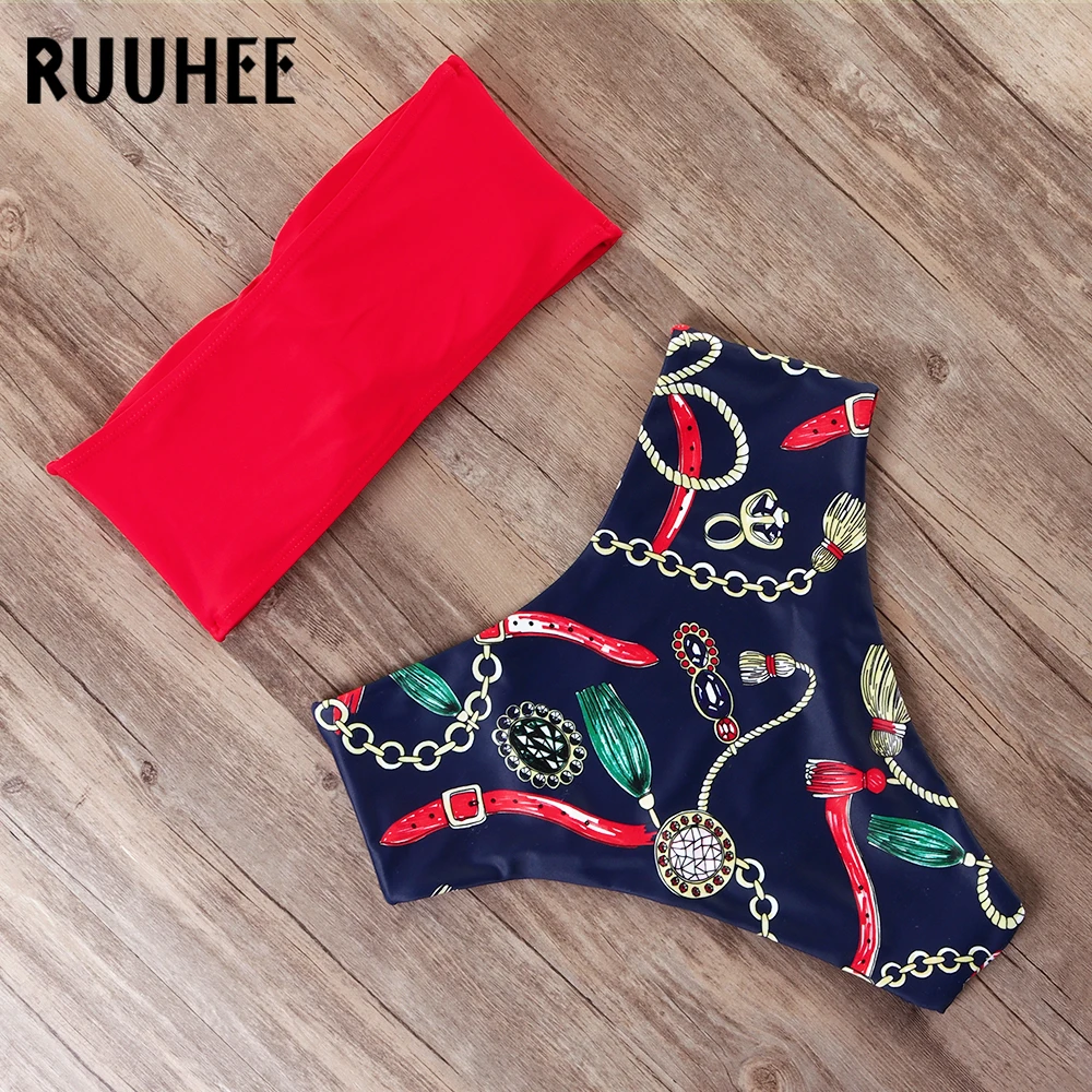 RUUHEE, бикини,, купальник, женский, с принтом, высокая талия, бикини, набор, без бретелек, бандо, купальник, женская пляжная одежда, бикини
