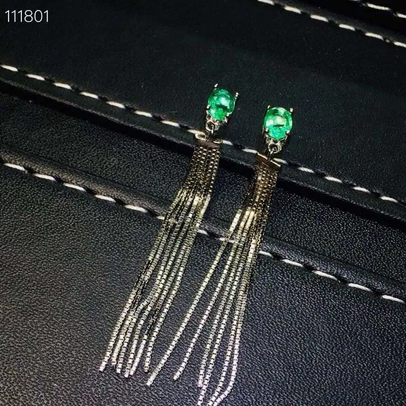 Модные длинные кисточки S925 серебро натуральный зеленый изумруд Висячие серьги с
