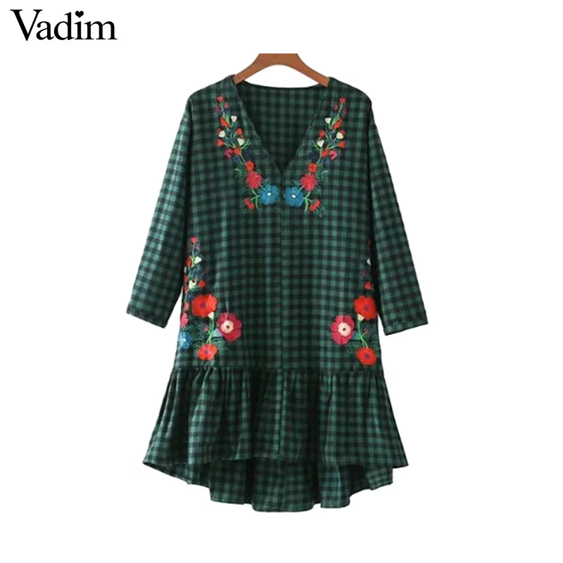 Vadim V neck ruffled floral embroidery plaid dresses flower pattern vintage chic casual loose mini vestidos mujer QZ3232 | Женская