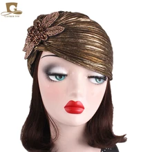 Turbante metálico brillante con volantes para mujer, gorra de matrimonio con cuentas de flores, gorro indio, Turbante, novedad (1)