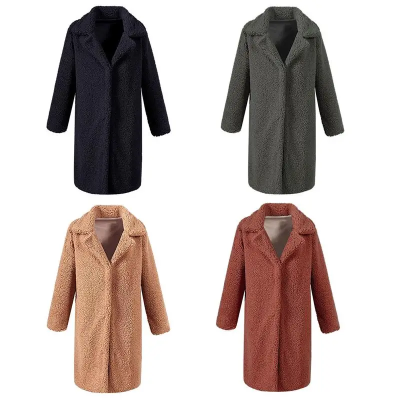 iSHINE Woman Woolen Coat Ladies Winter Warm Plush Faux Fur Suit Collar Long Thick Casual Outerwear Camel Hairy Overcoat | Женская одежда