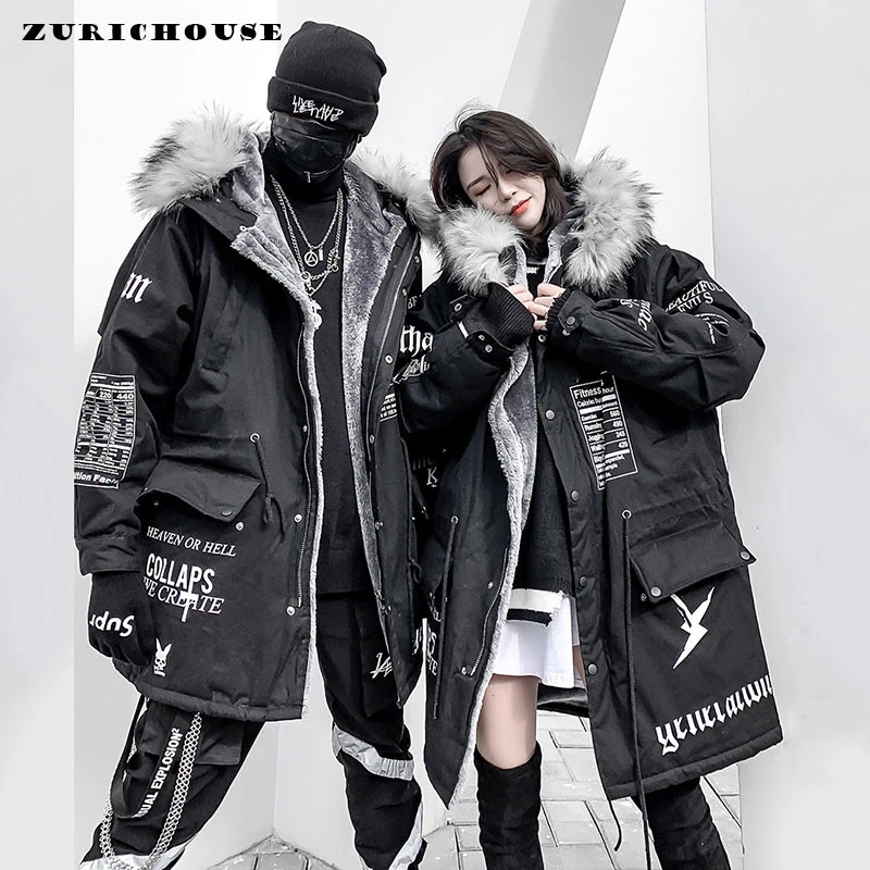 

ZURICHOUSE Hip-hop Winter Coat Women Long Fur Collar Warm Parka 2021 Street Style Oversize Couple Hooded Fleece Jacket Ladies