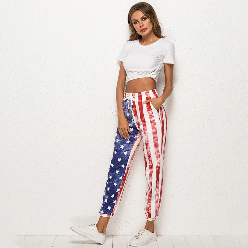 Женские шаровары с американским флагом и высокой талией джоггеры летние