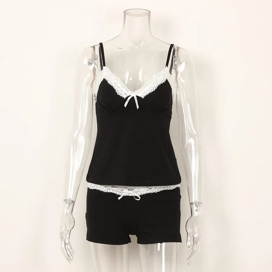 Женский хлопковый пижамный комплект с кружевом топ на бретельках спагетти и