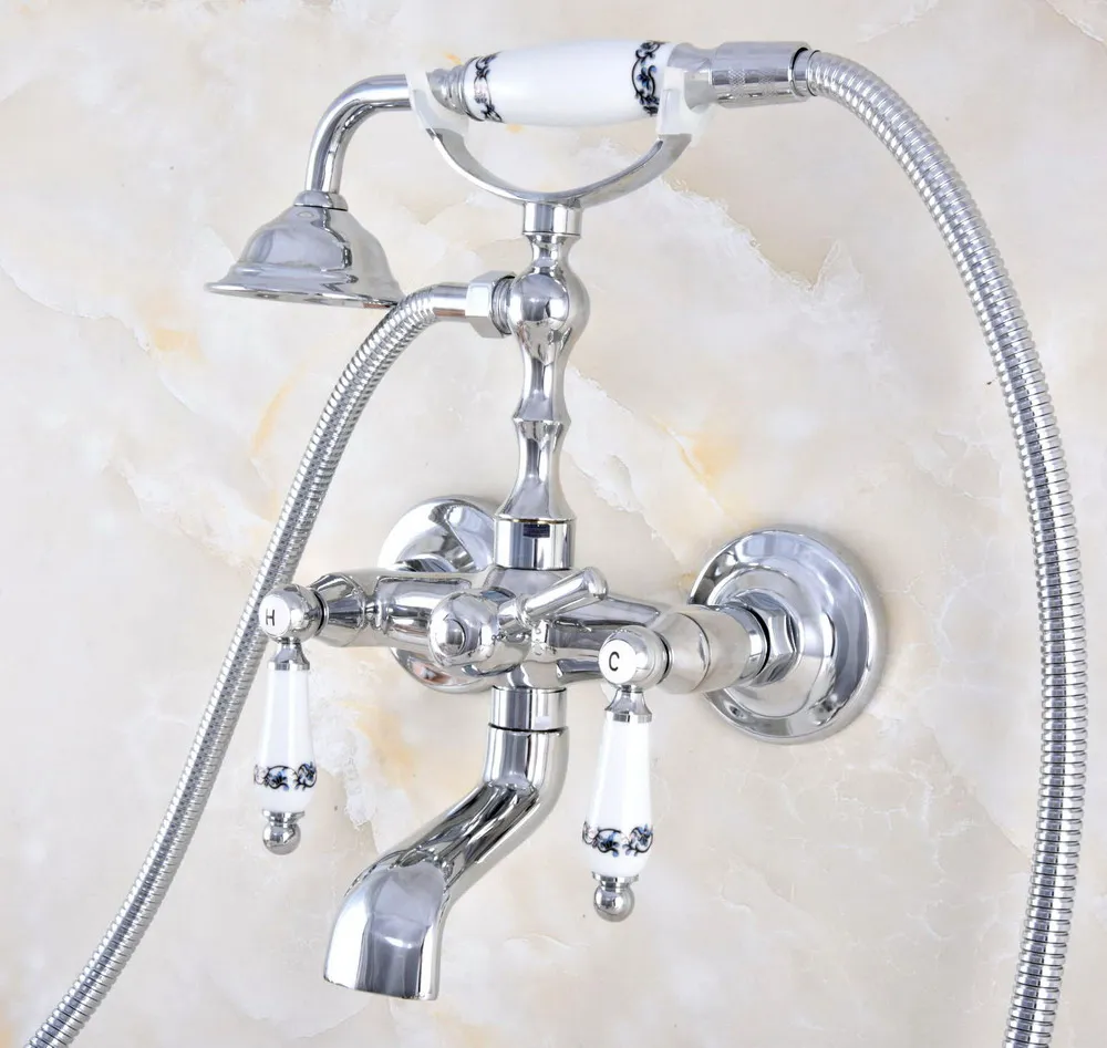

Polished Chrome Brass Double Ceramic Handles Wall Mounted Claw Foot Bathroom Tub Faucet Mixer Tap With Handshower mtf872