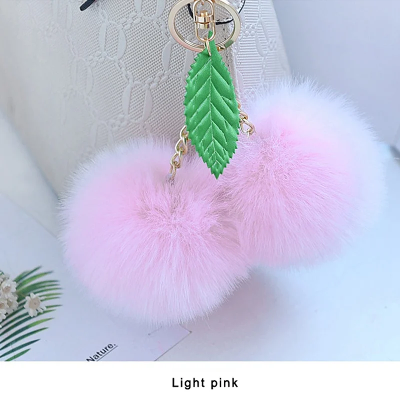 Light pink Корейская мода двойной пушистый шарик-помпон брелок конфетного цвета брелок-вишня для сумки автомобиля женщин искусственный мех кролика брелок - Цвет: Light pink