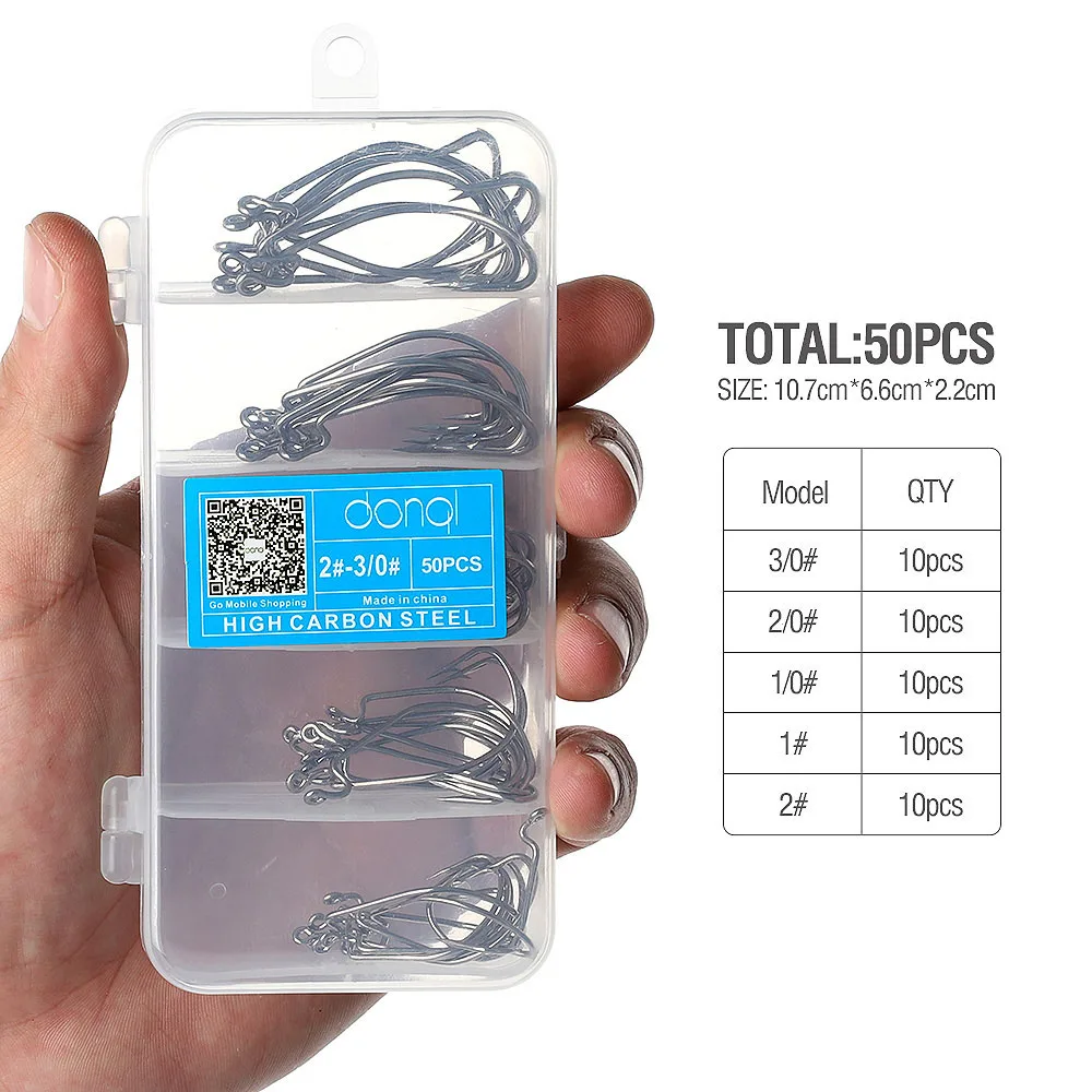 50pcs Silver DONQL 50/100 шт, широкий кривошипный рыболовный крючок, офсетный рыболовный крючок 3/0#-2#, красный, серебряный, басовый, колючий, рыболовный крючок для карпа, Мягкая приманка в виде червей - Цвет: 50pcs Silver