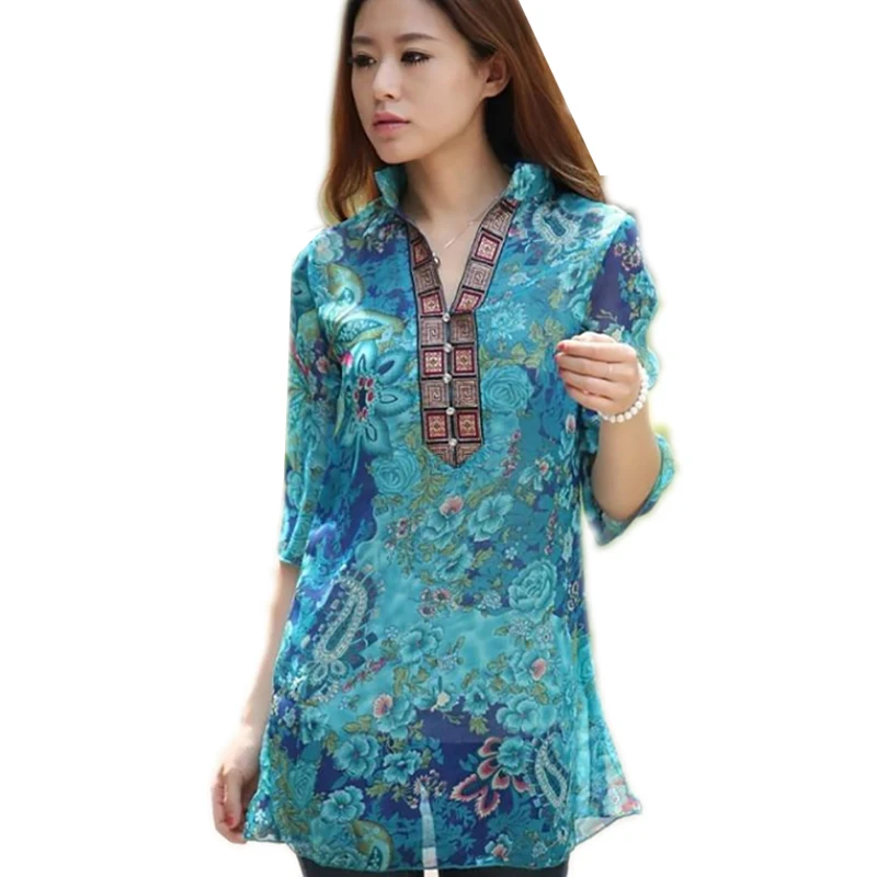 Женская крутая блузка 2018 длинная шифоновая с принтом рубашка женская цветочным