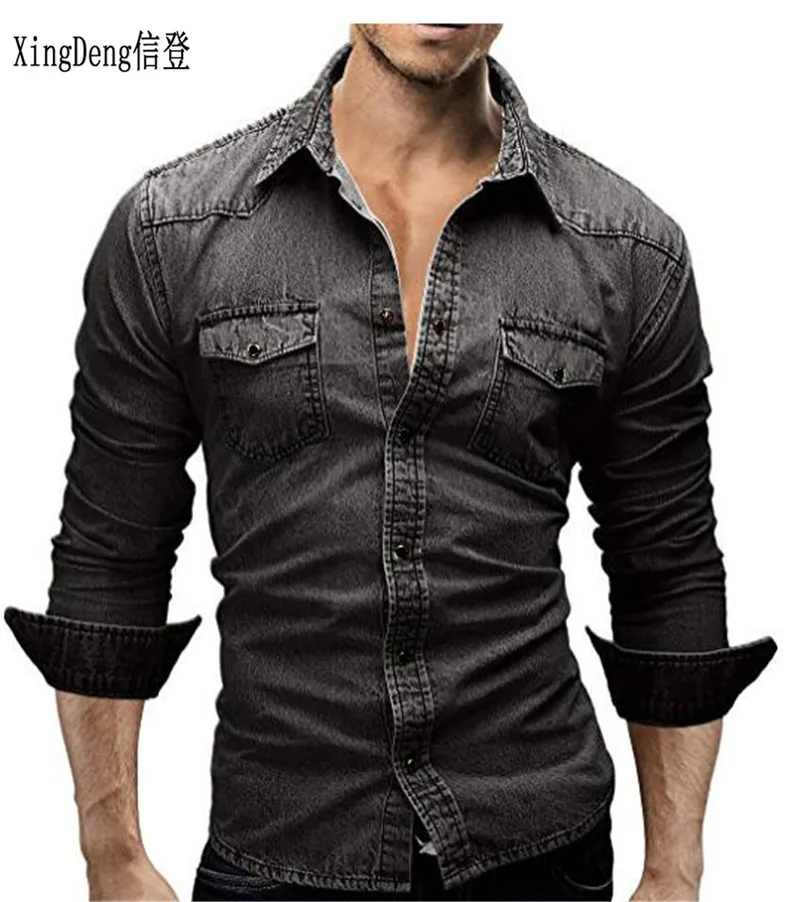 

XingDeng Men Solid Color fashion Casual Denim Shirt Male Long Sleeve Shirts Slim Fit Dress Shirts top clouthes