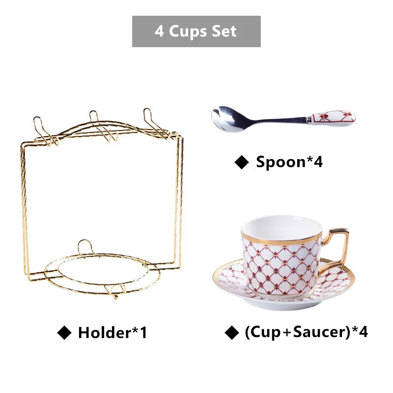4Cups n Holder Red Элегантный кофейный сервиз из костяного фарфора, золотой фарфоровый чайный сервиз, роскошный чайник, чашка, современная керамическая кружка, сахарница, сливочник, чайный горшок, молочный кувшин - Цвет: 4Cups n Holder Red