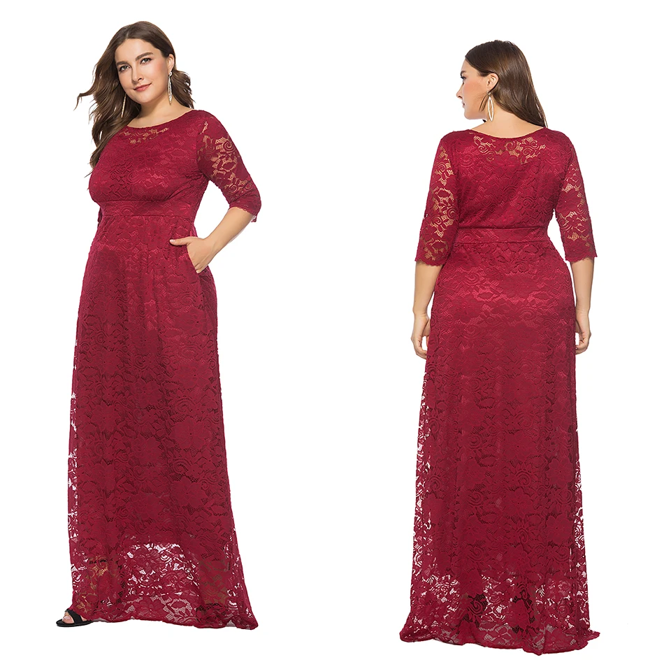 Miaoke Plus Size Red Maxi Lace Dress Women Clothing High Quality Fashion Vintage Sexy Club Party Elegant Dresses