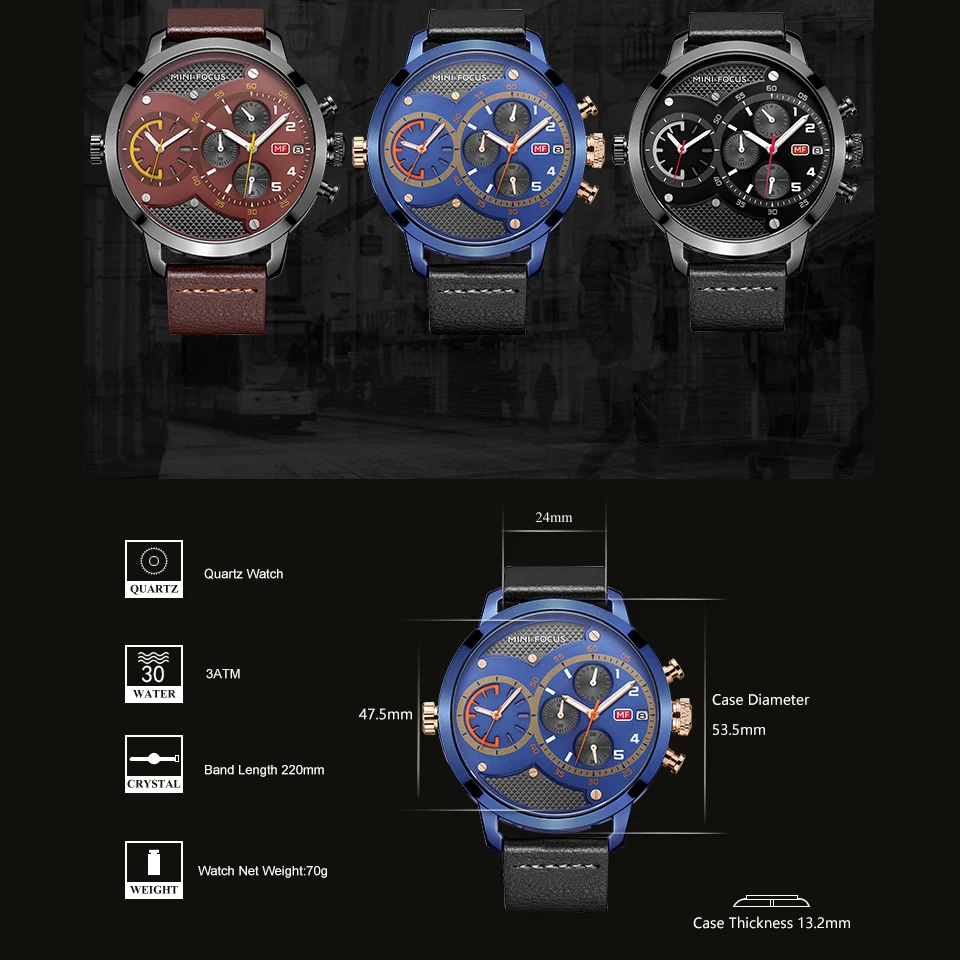 MINI FOCUS Dual Time Chronograph Men's Quartz Sports Watches Men Brand Luxury Big Analog Clock Male Leather Military Wrist Watch |