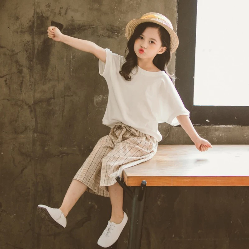 2020 summer Teenager Girls Clothes Cotton T shirt &amp Plaid shorts Trousers 6 7 8 10 5 12 Year Outfits Summer School | Детская одежда