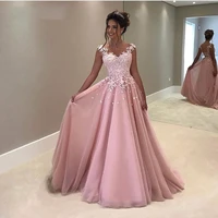 pink evening dresses 2019 a line tulle lace abiye gece elbisesi appliques lace long prom evening gown silver robe de soiree