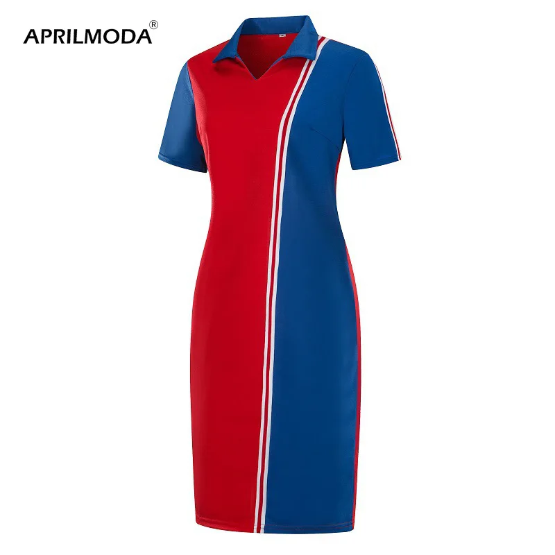 

2022 Knee Length 2022 6XL Polo Dress T Shirt Ladies Women Summer Short Sleeve Red Blue Patchwork Casual Oversized Vestidos