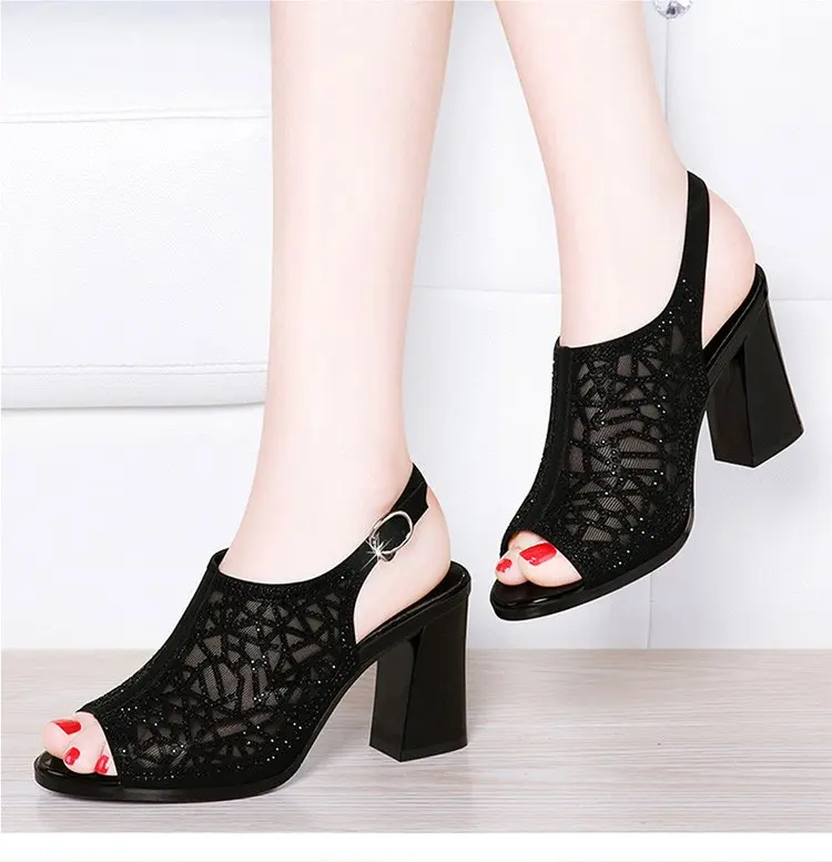 

New Fish mouth mesh Beige Black Gladiator Sandals Summer Office High Heels Shoes Woman Buckle Strap Pumps Casual Women Shoes