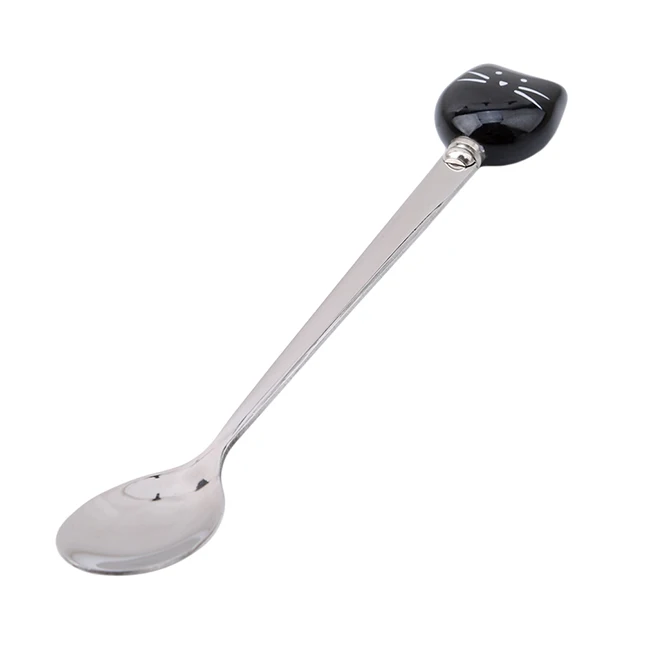 black cat spoon С милым рисунком кота вилка Нержавеющая сталь с длинным перемешиванием ложка, вилка для фруктов Кофе Нержавеющая сталь ложка Керамика ручка вечерние поставки - Цвет: black cat spoon