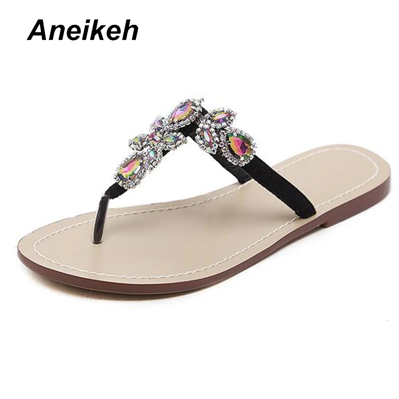 Aneikeh/; женские сандалии; женская обувь; стразы, цепочки; Вьетнамки; гладиаторские плоские сандалии; шлепанцы со стразами; Chaussure размера плюс