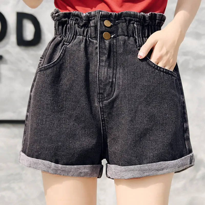 Летние женские свободные джинсовые шорты с талией 2017 темно серые плотные модные