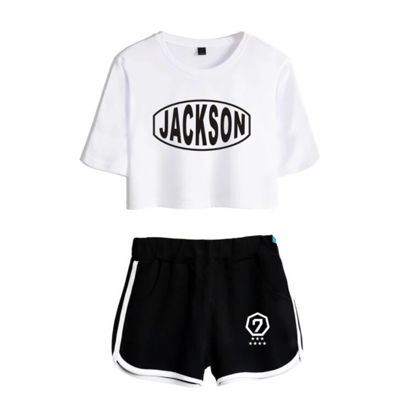 

KPOP Korean GOT7 Tracksuit Women 2 Piece Set K-POP GOT 7 Member Name Print Short Sleeve Crop Top And Shorts Two Piece Outfits