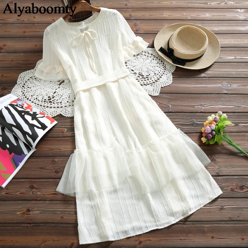 Летнее женское платье средней длины в японском стиле Mori Girl абрикосовое шифоновое