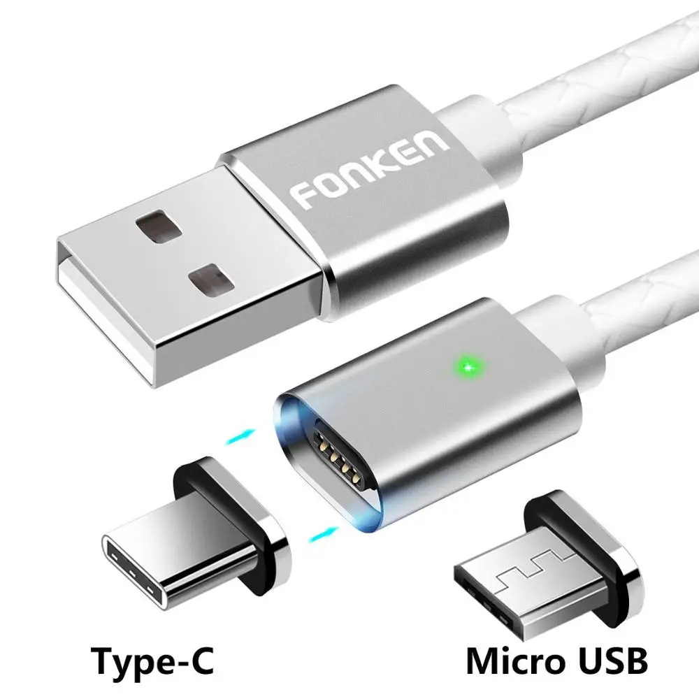 2 plug 1 white Cord FONKEN 2 в 1 usb type C Магнитный кабель Micro USB Магнитный кабель для телефона 1 м светодиодный шнур для зарядки мобильного телефона Кабели из искусственной кожи type-C - Цвет: 2 plug 1 white Cord