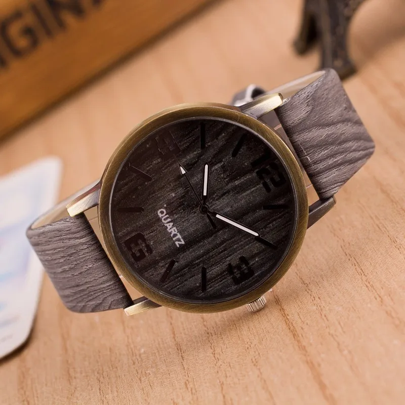 Low price New Fashion Simulation Grain Wooden Watches for Men Women Quartz Watch Faux Leather Unisex Casual Wristwatches | Наручные часы