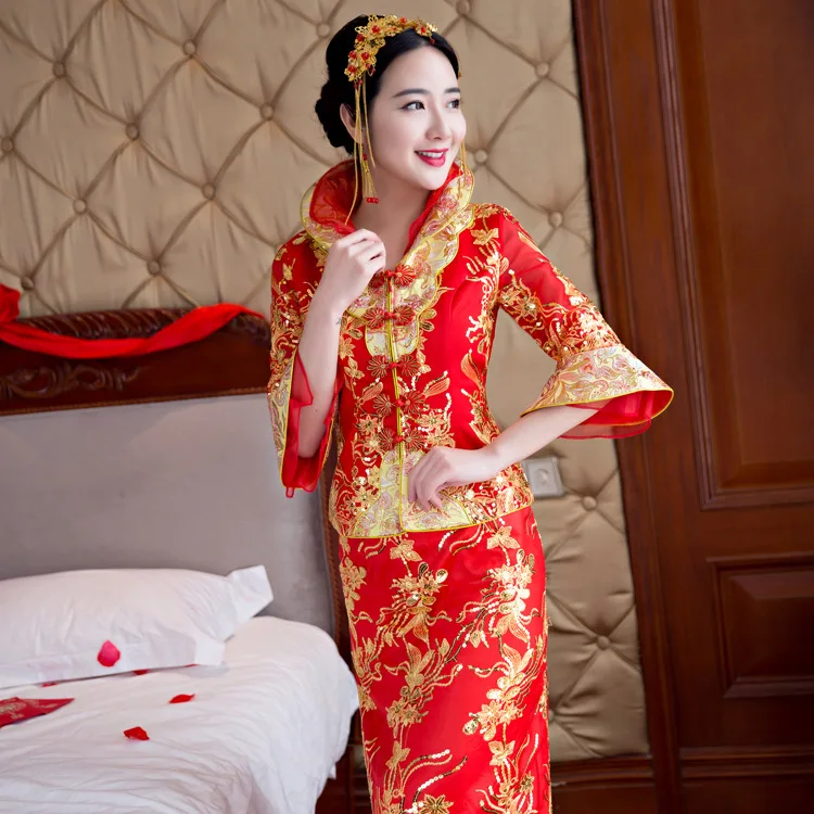 

bride wedding dress Traditional chinese style costume Phoenix cheongsam clothing Luxury ancient Royal Red Qipao gown S-XXL