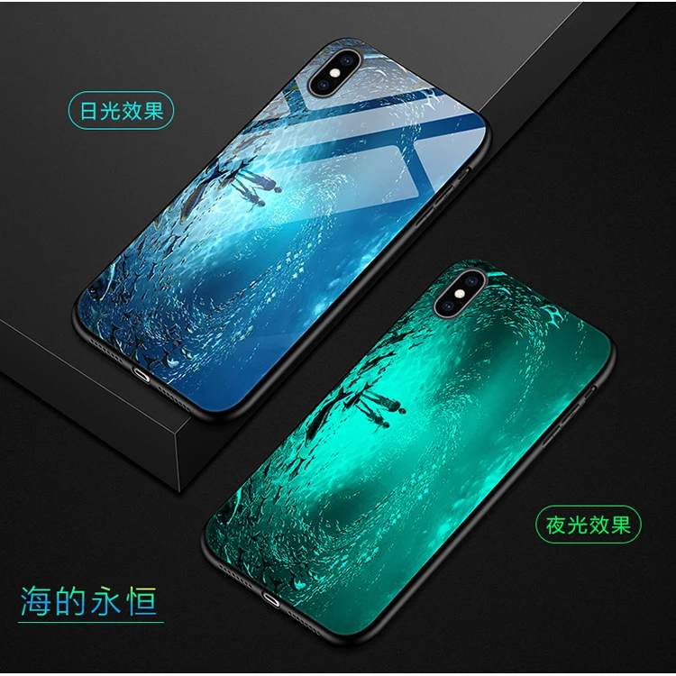 Для Apple iphone X XS Max чехол Роскошный светящийся жесткий закаленное стекло защитный чехол на заднюю панель для iphone 5 5S 6 6S 7 Plus оболочка