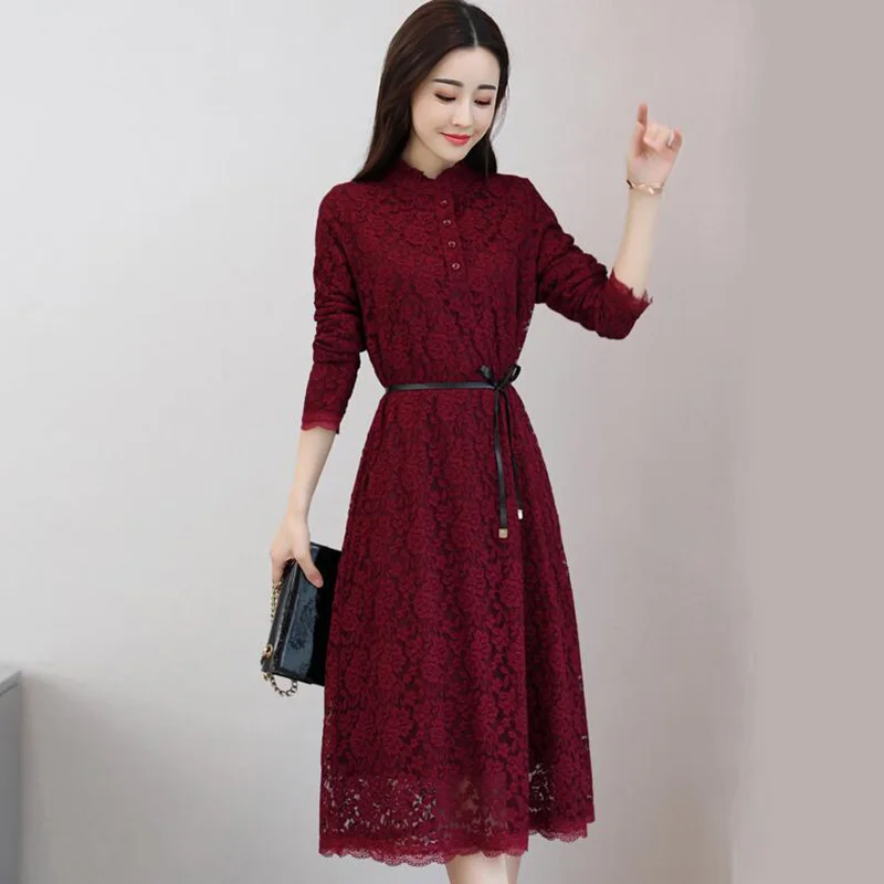 

Autumn Winter New Plus Size Vintage Lace Midi Dresses Women Elegant Party Dress Long Sleeve Plus Velvet A-Line Dress Vestidos