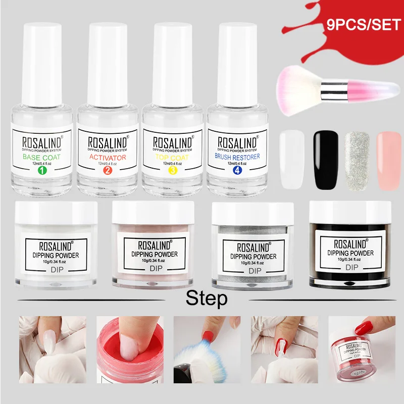 RP-9PCS-04 ROSALIND погружающая блестящая пудра натуральный сухой хром пигмент дизайн ногтей пыль голографическая Пудра Набор для гель-лака маникюр - Цвет: RP-9PCS-04