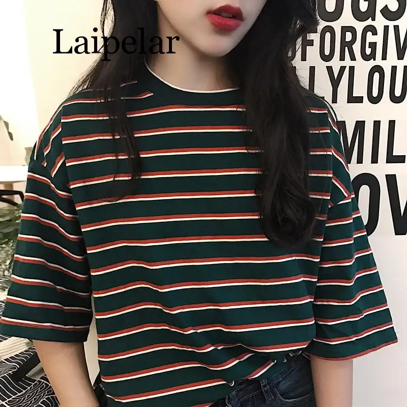 

Laipelar Summer Fashion T-shirt Women Korean Harajuku Loose Striped Short Sleeve T-shirts Women Casual T-shirt Top