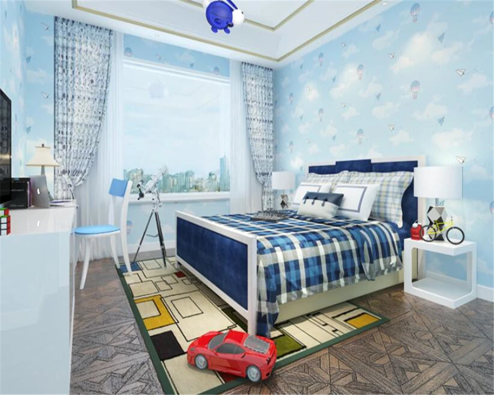

beibehang Cartoon hot air balloon green children's room wallpaper pink girl boy bedroom bedside background 3d wallpaper behang