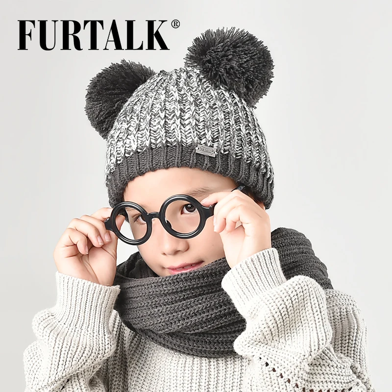 FURTALK дети 1 5 лет зима мальчик помпон комплект шапка и шарф для девочки теплая