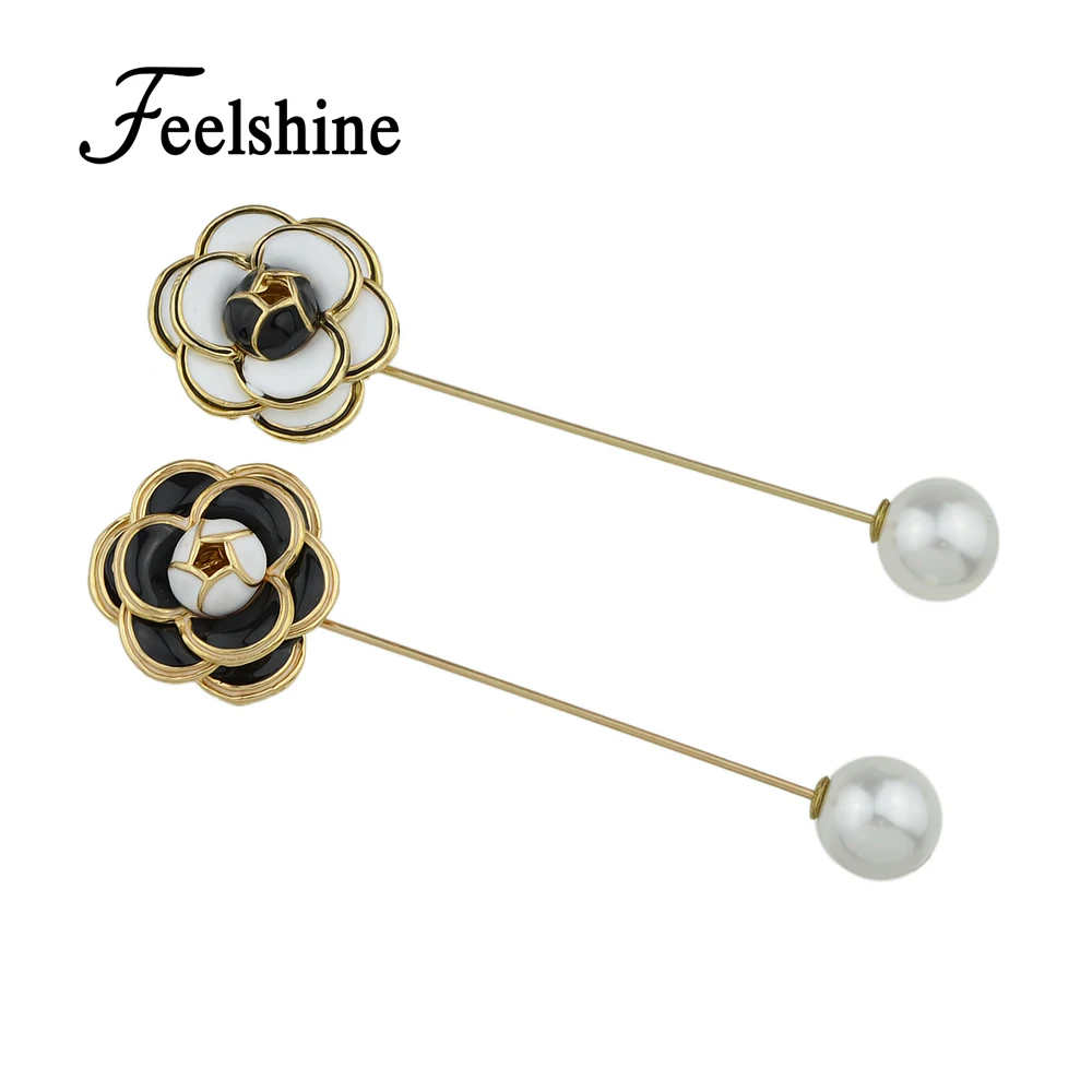 Feelshine 2017 Новая мода черный белый цвет эмаль с имитацией жемчуг брошь цветок для