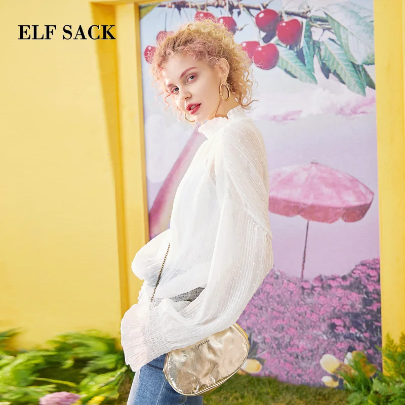 Женская шифоновая рубашка ELFSACK свободная блузка оверсайз с рукавами фонариками